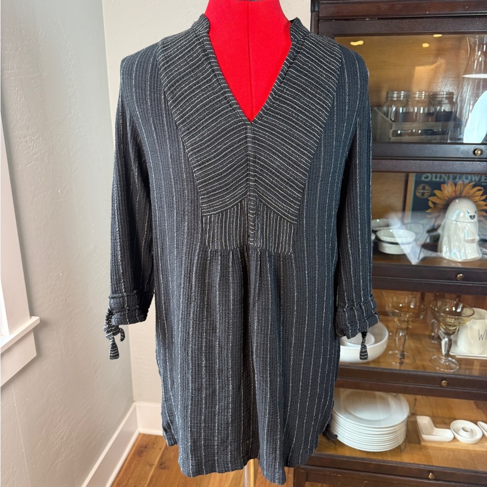 Wrap London Black White Striped Tie Cuff Long Sleeve Tunic Top Size 8